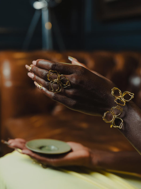 Petali gold floral cuff bracelet by Umutoni, 24k gold plated and handmade in Kenya