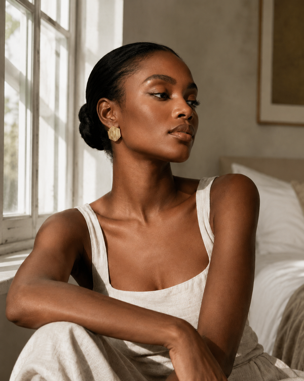 Model wearing Umutoni Asani gold earrings as part of a luxury jewellery look.